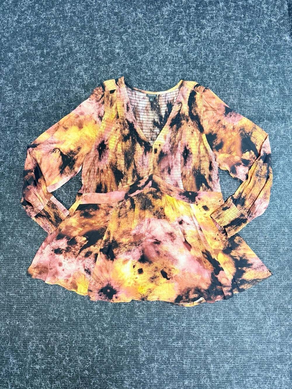Boho Festival Indie Torrid Crinkle Gauze Smocked Tie Dye V-Neck Long Sleeve Baby